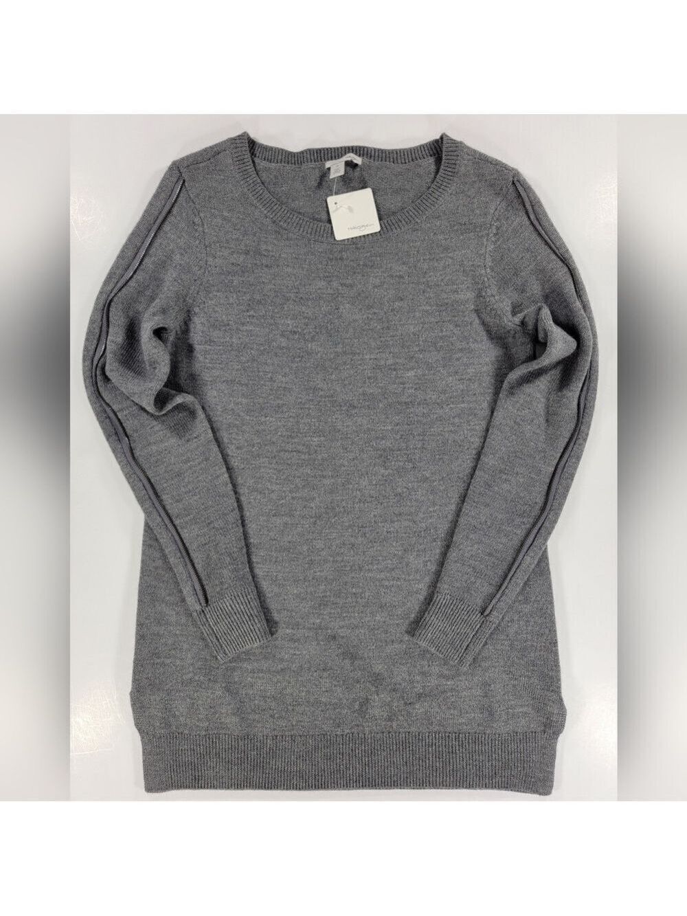 NWT Halogen Gray Merino Wool Blend Sweater Zipper Sleeve Accent Women's XS NEW
